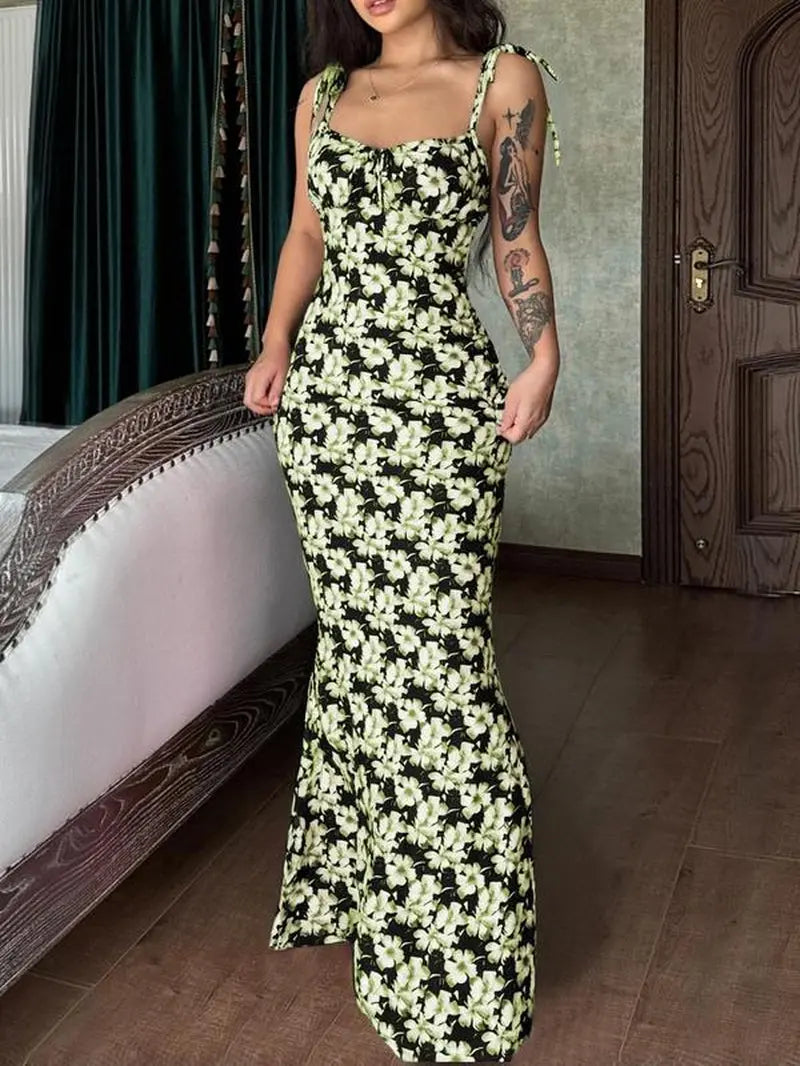 Women'S Ditsy Floral Print Backless Tie Shoulder Mermaid Dress, Elegant Tie Front Maxi Cami Bodycon Dress for Holiday Party, Summer Clothes Women, Summer Dresses for Women